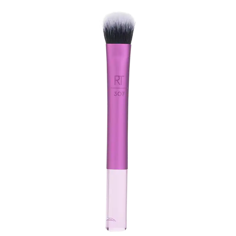 Pincel de maquiagem rosa com cabo cilíndrico e cerdas macias em formato arredondado, com a marca "RT" e o número "307" impressos na embalagem.