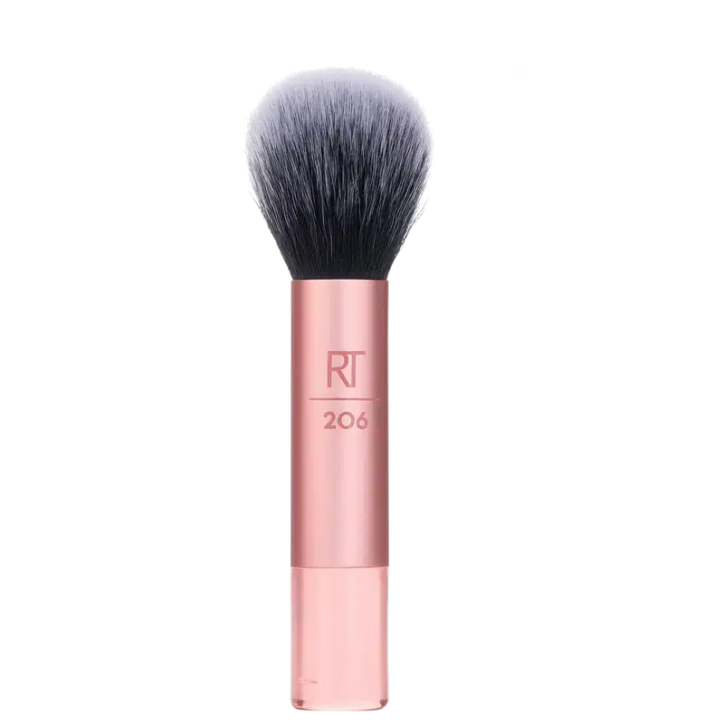 Pincel de maquiagem com cabo rosa e cerdas pretas, com a marca "RT" e o número "206" impressos na haste. O pincel possui uma forma arredondada, típica de pincéis para aplicação de pó ou blush.