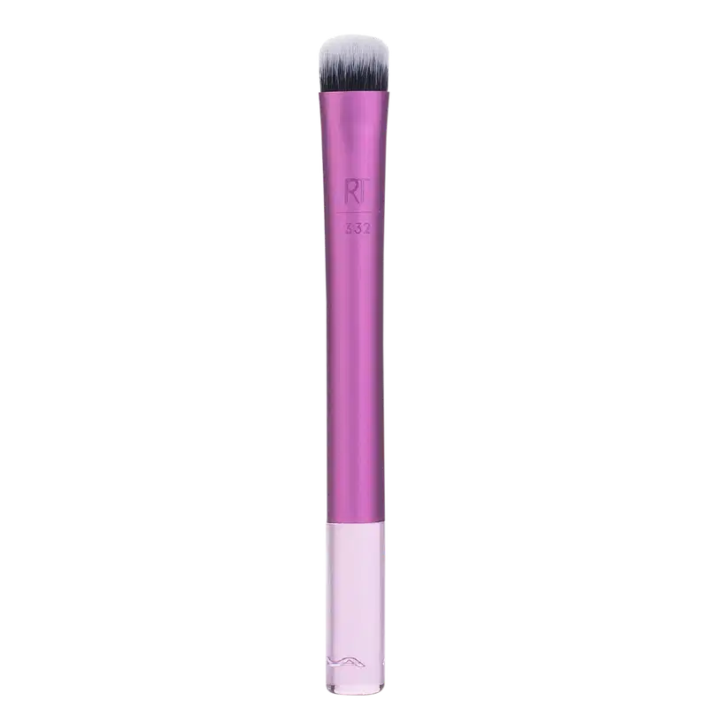 Pincel de maquiagem rosa com cabo cilíndrico e ponta arredondada, com a marca "RT" e o número "332" impressos no corpo.