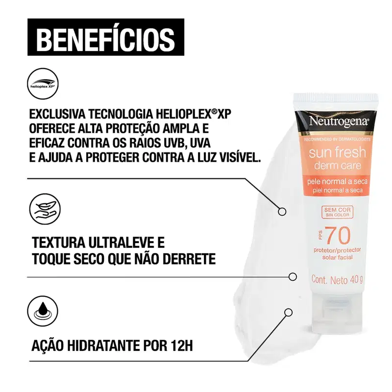 Neutrogena Sun Fresh Derm Care FPS70 sem Cor - Protetor Solar Facial 40g