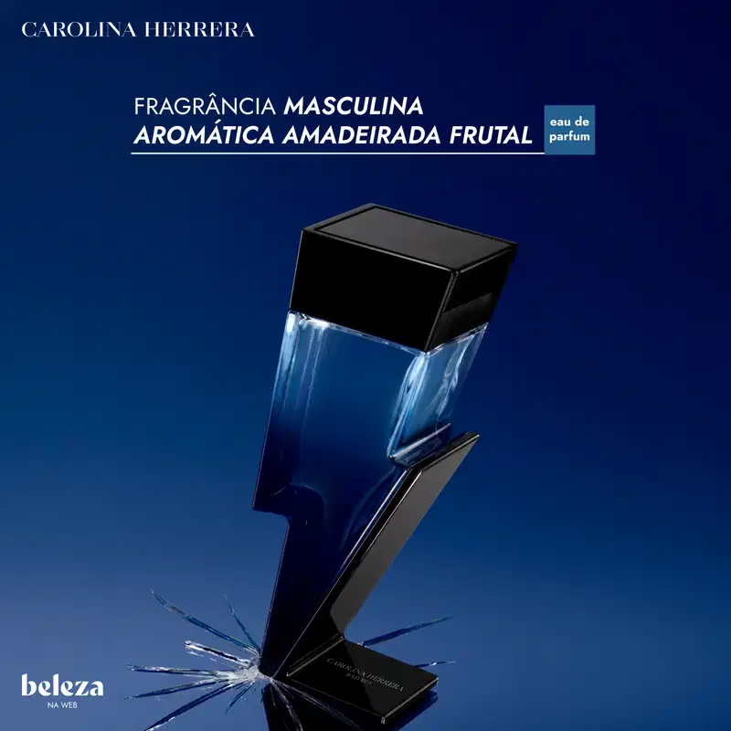 Frasco de item de perfumaria masculina da marca Carolina Herrera, com design geométrico em tons de azul e preto, contendo texto "Fragrância Masculina Aromática Amadeirada Frutal" e "Eau de Parfum".