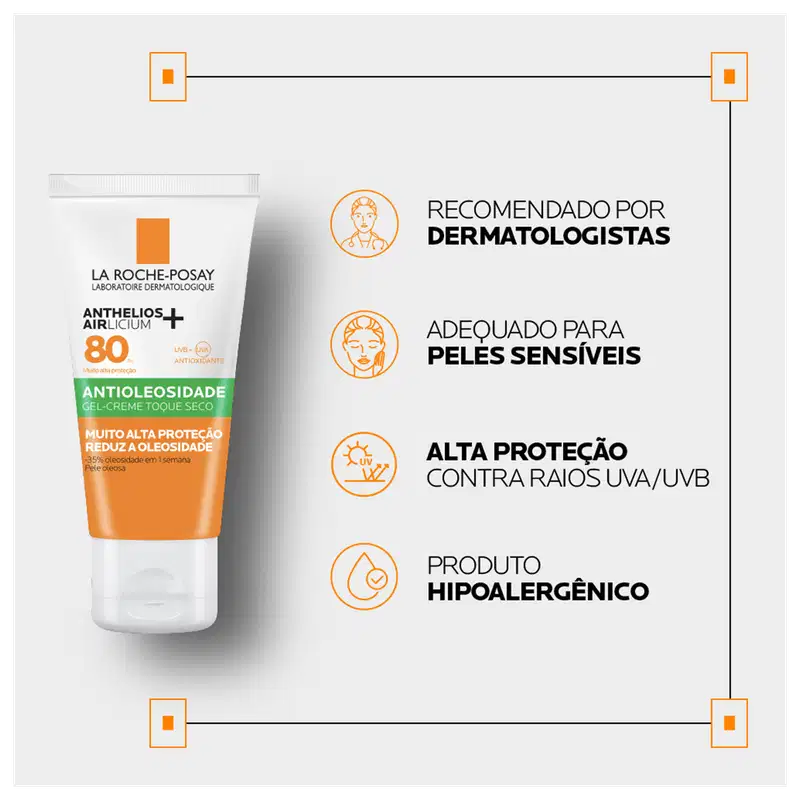 Embalagem do Protetor Solar Anthelios Airlicium FPS 80, da marca La Roche-Posay. Recomendado por dermatologistas, adequado para pele sensível, alta proteção contra raios UVA/UVB, produto hipoalergênico.