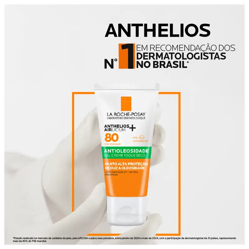 Embalagem do Protetor Solar Anthelios Airlicium FPS 80, da marca La Roche-Posay. Número 1 em recomendação dos dermatologistas no Brasil