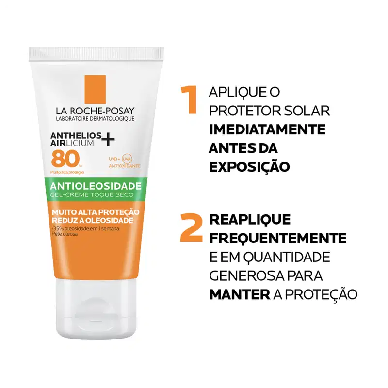 Embalagem do Protetor Solar Anthelios Airlicium FPS 80, da marca La Roche-Posay. Imagem com modo de uso.