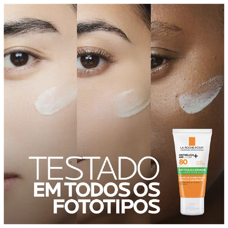 Embalagem do Protetor Solar Anthelios Airlicium FPS 80, da marca La Roche-Posay. Testado em todos os fototipos de pele.