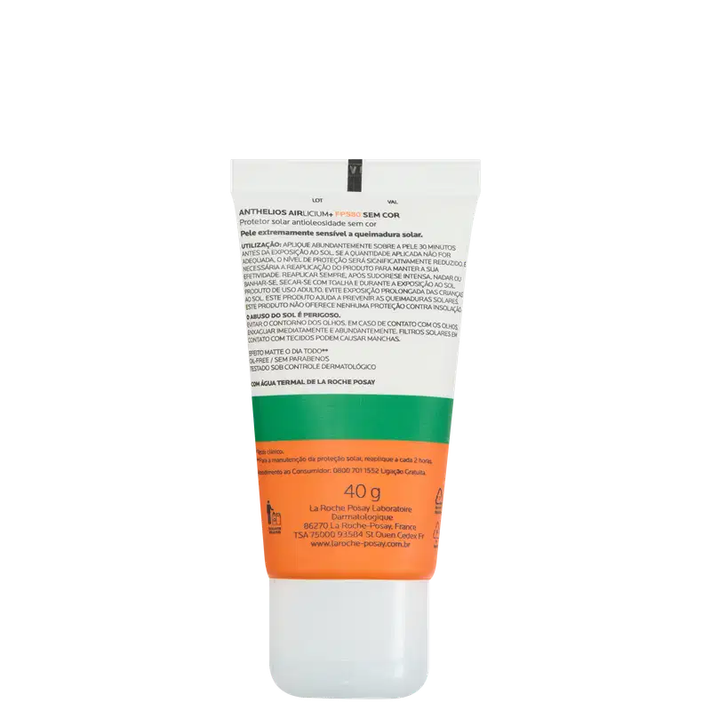 Verso da embalagem do Protetor Solar Anthelios Airlicium FPS 80, da marca La Roche-Posay.