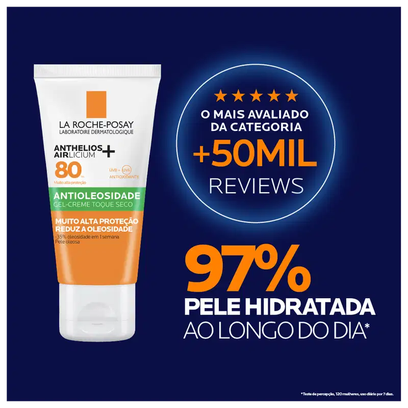 Embalagem do Protetor Solar Anthelios Airlicium FPS 80, da marca La Roche-Posay. 97% das reviews relata uma pele hidratada ao longo do dia.
