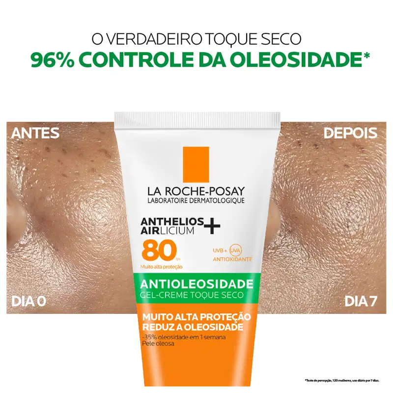 Antes e pós do uso do Protetor Solar Anthelios Airlicium FPS 80, da marca La Roche-Posay. Mostra 96% de controle de oleosidade.
