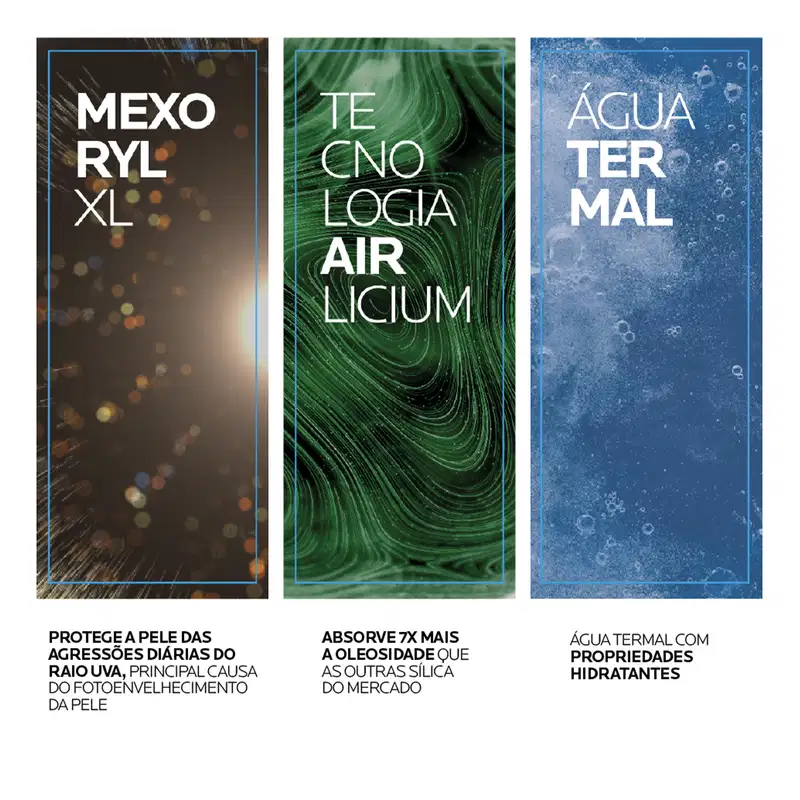 Principais ingredientes do protetor solar: Mexorylxl, Tecnologia Airlicium e Água Termal