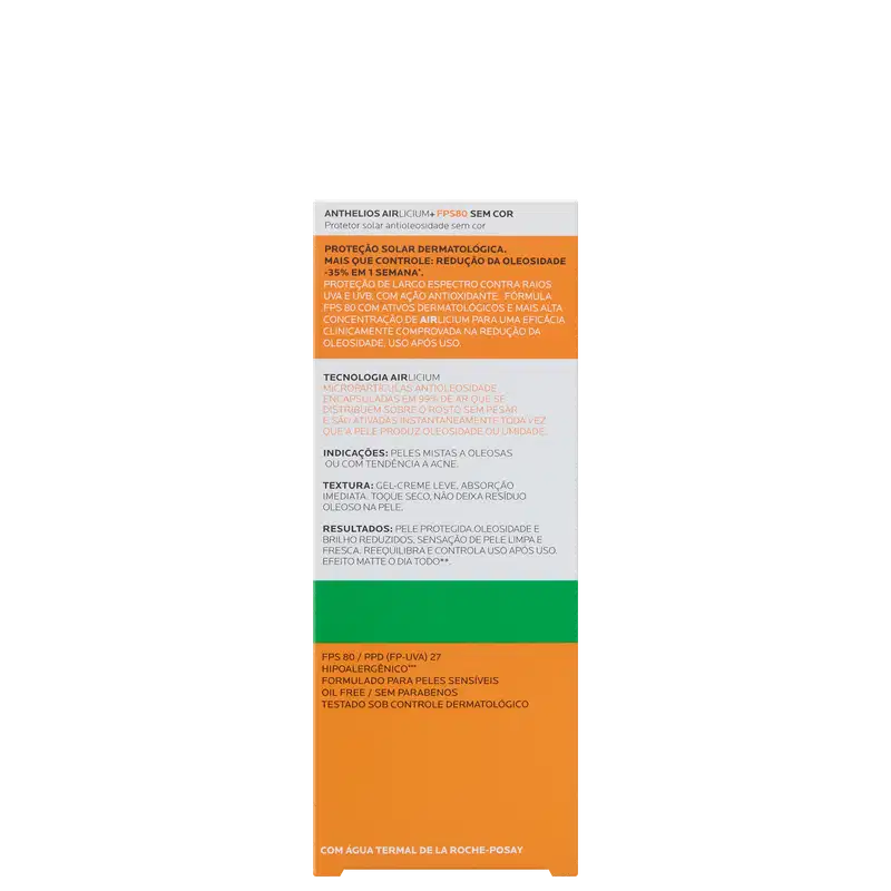 Verso da caixa do Protetor Solar Anthelios Airlicium FPS 80, da marca La Roche-Posay.