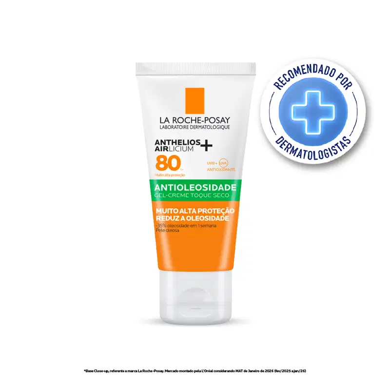 Embalagem do Protetor Solar Anthelios Airlicium FPS 80, da marca La Roche-Posay. Selo de recomendação por dermatologistas.