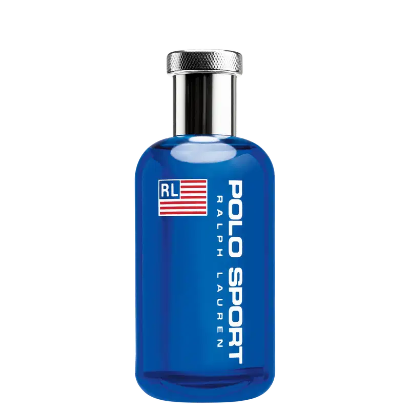 Frasco de perfume da marca Ralph Lauren, na cor azul, com rótulo em vermelho, branco e azul exibindo a bandeira americana e o nome "Polo Sport". O frasco possui um design cilíndrico com tampa metálica estriada.