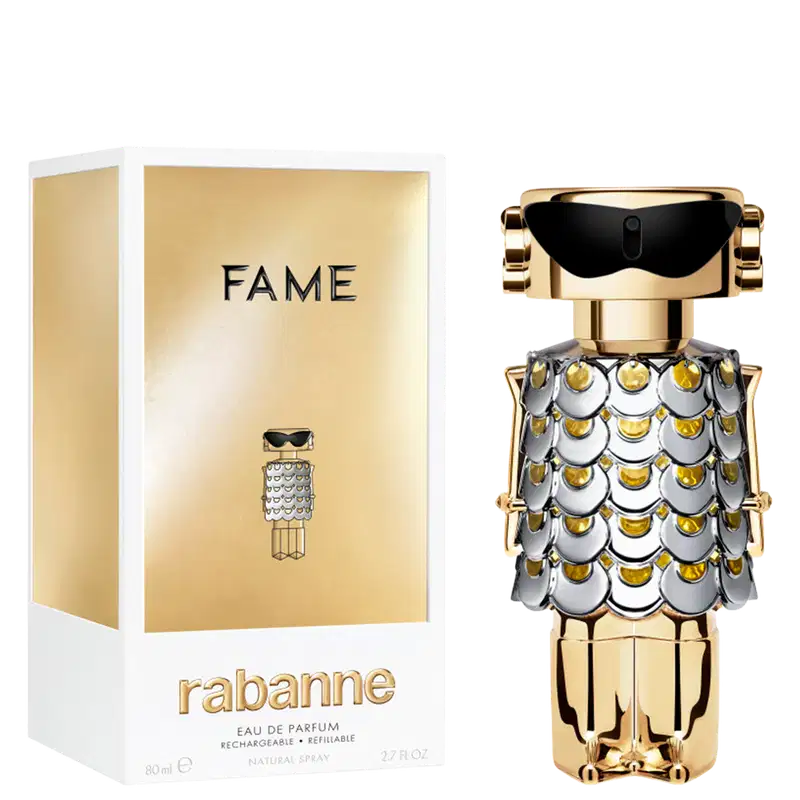 Frasco de perfume dourado e prateado com design escamado, evocando uma aparência luxuosa e sofisticada, típica da marca Paco Rabanne.
