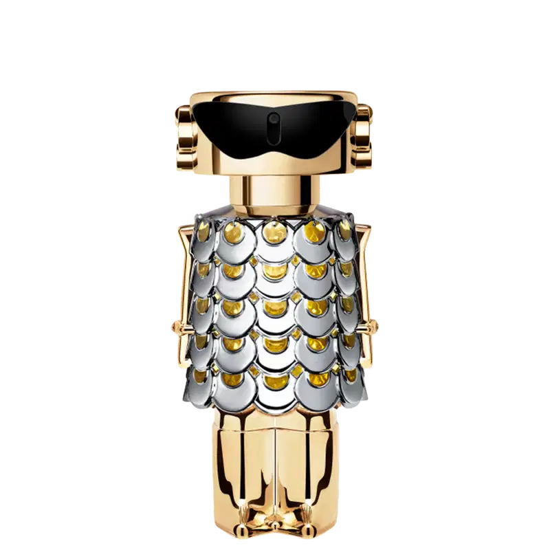 Frasco de perfume dourado e prateado com design escamado, evocando uma aparência luxuosa e sofisticada, típica da marca Paco Rabanne.