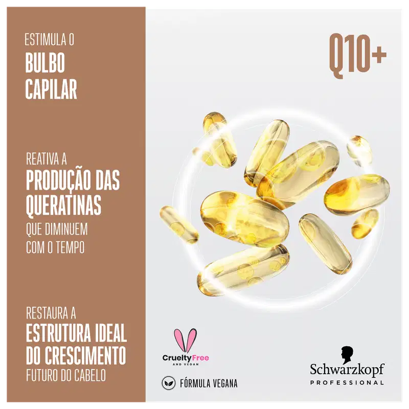 A imagem traz cápsulas gelatinosas amarelas translúcidas contendo um suplemento líquido e texto descrevendo que o produto estimula o bulbo capilar, reativa a produção de queratinas e restaura a estrutura ideal para o crescimento futuro do cabelo.