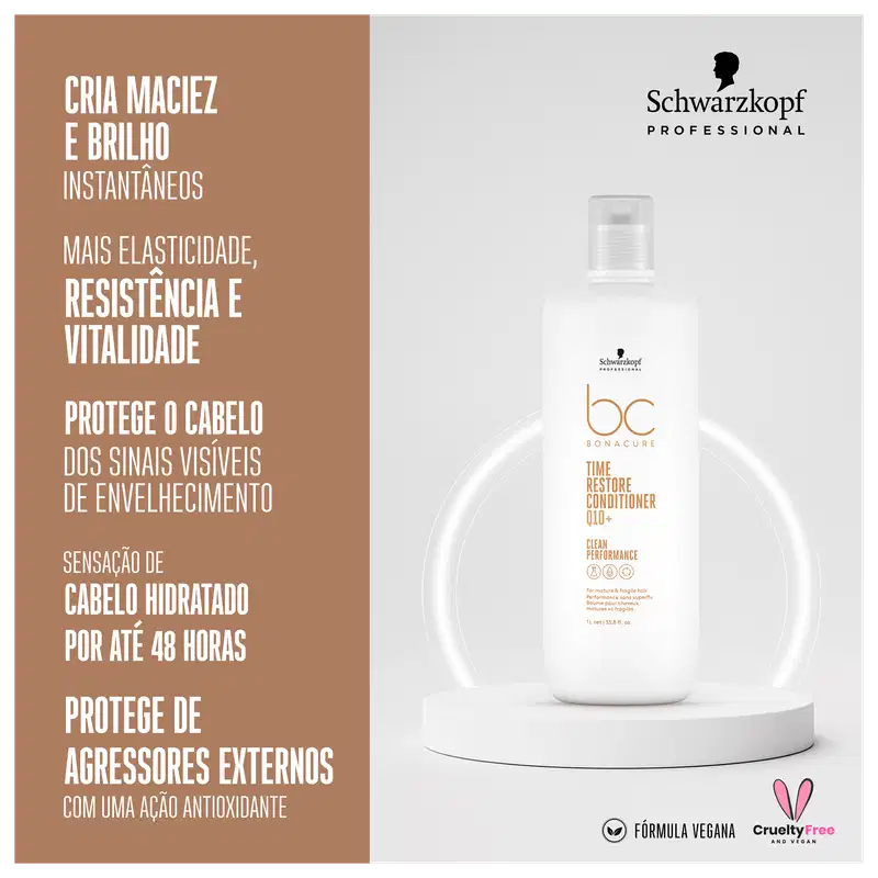 A imagem traz de um lado a embalagem do shampoo e do outro mais benefícios do produto.