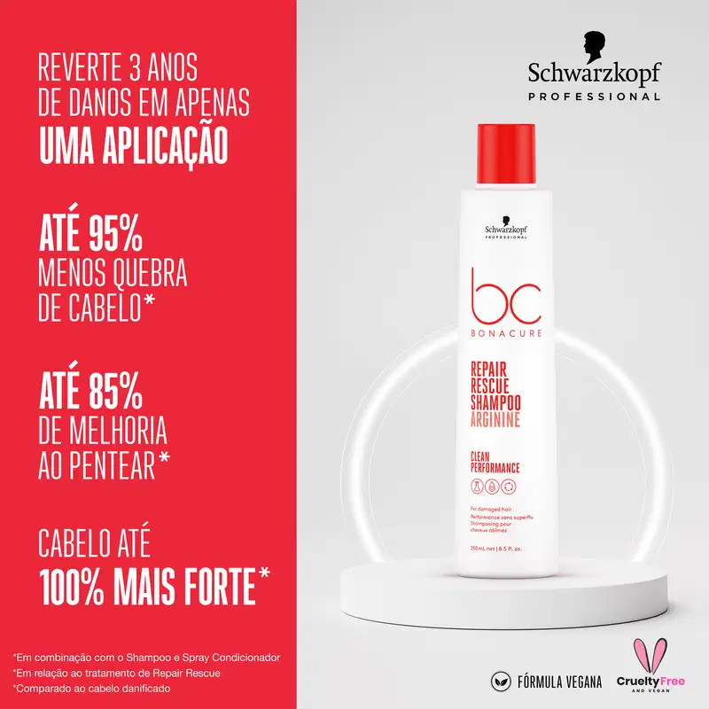 Imagem acompanhada de texto promocional em português destacando os benefícios do produto para reparar danos, reduzir quebra e melhorar o pentear, fortalecendo 100% os fios.
