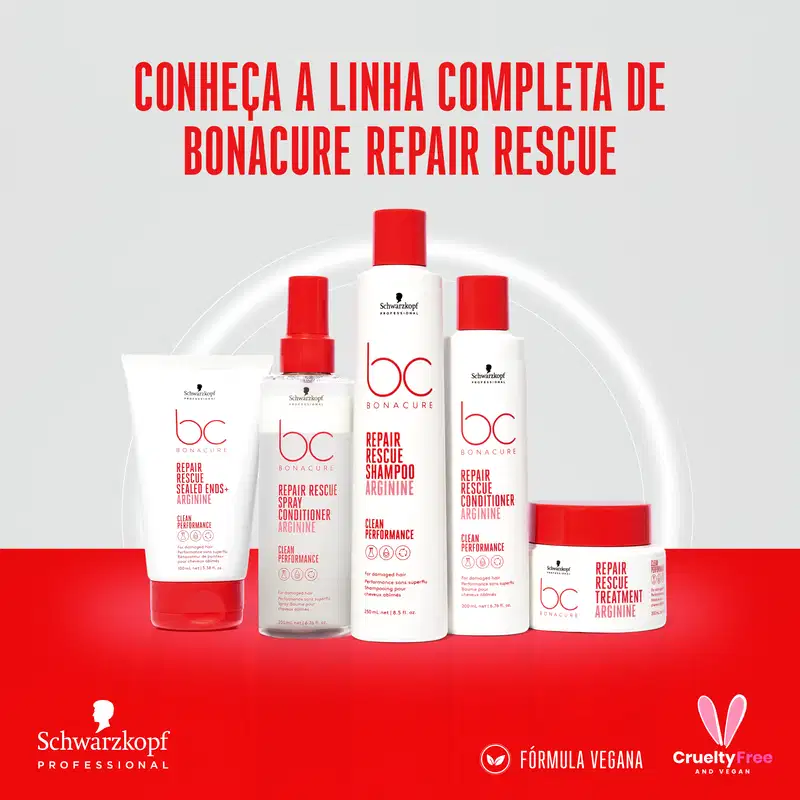 A imagem mostra a linha completa de produtos Bonacure Repair Rescue da marca Schwarzkopf Professional. São apresentados cinco frascos plásticos brancos com detalhes em vermelho, contendo diferentes produtos para tratamento capilar.