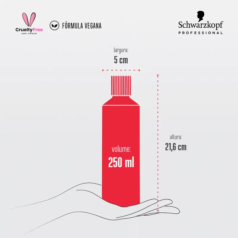 250 ml, com altura de 21,6 cm e largura de 5 cm. A embalagem é sustentada por uma mão estilizada em linhas pretas.