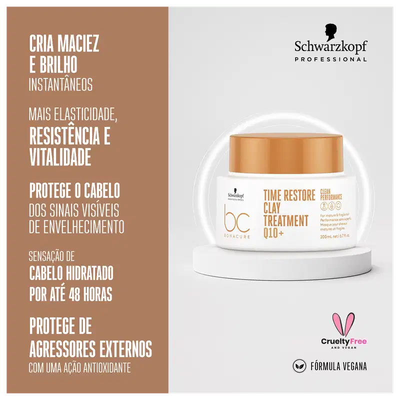 A imagem traz de um lado a embalagem da máscara e do outro mais benefícios do produto.