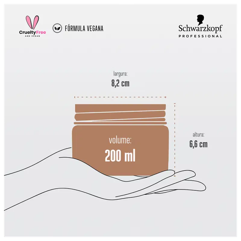 A imagem traz uma ilustração de uma mão segurando a embalagem escrito: "volume: 200ml, altura 6, 6cm e largura de 8,2 cm.