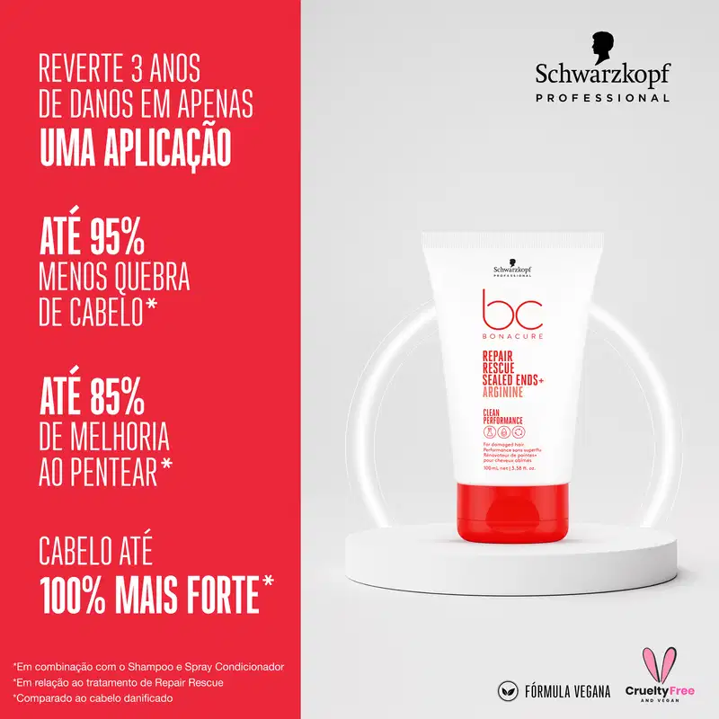 Imagem acompanhada de texto promocional em português destacando os benefícios do produto para reparar danos, reduzir quebra e melhorar o pentear, fortalecendo 100% os fios.