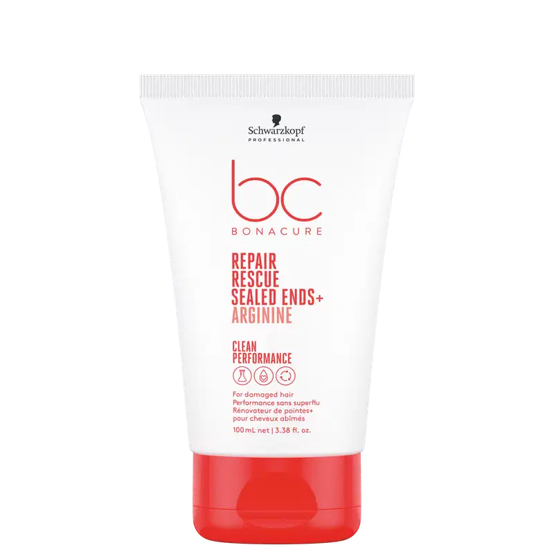 Embalagem em tubo plástico branco e vermelho. Rótulo com o nome do produto "Repair Rescue Sealed Ends + Arginine" em letras vermelhas e pretas.
