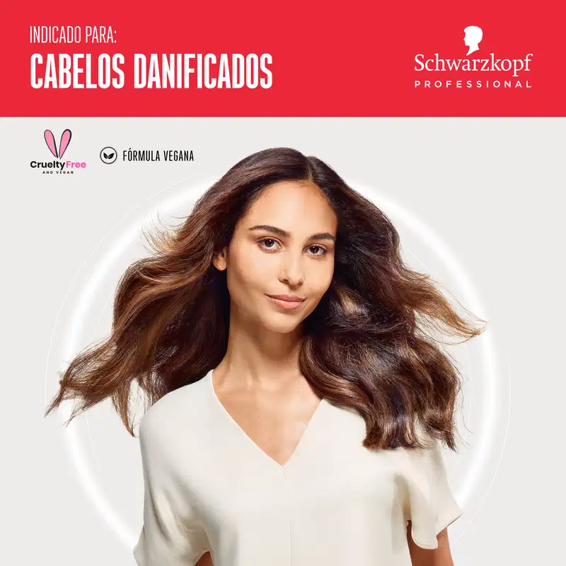 O produto apresentado é uma linha de tratamento capilar para cabelos danificados da marca Schwarzkopf Professional. A imagem mostra uma modelo com longos cabelos castanhos ondulados e brilhantes, promovendo os benefícios do produto.