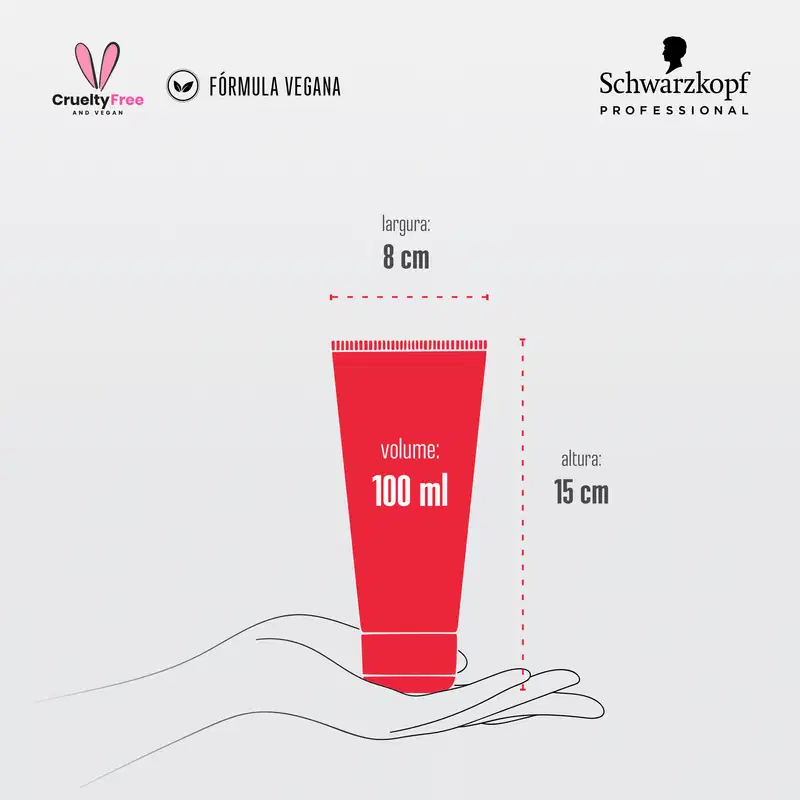 Embalagem tubular vermelha com volume de 100 ml e largura de 8 cm indicados. Altura de 15 cm. Ilustração de uma mão segurando o tubo.