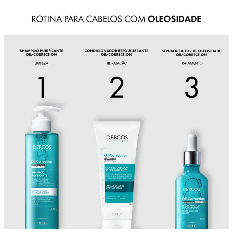 A imagem apresenta uma rotina de cuidados para cabelos com oleosidade, composta por três produtos da marca Vichy da linha Oil-Correction: shampoo, condicionador e sérum.