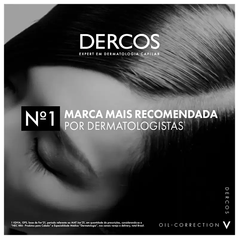 A imagem mostra o logotipo e a marca "DERCOS", que é apresentada como a "Nº 1 marca mais recomendada por dermatologistas".