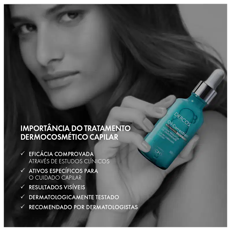 O texto destaca a importância do tratamento dermocosmético capilar, mencionando sua eficácia comprovada em estudos clínicos, seus ativos específicos para o cuidado capilar, resultados visíveis, dermatologicamente testado