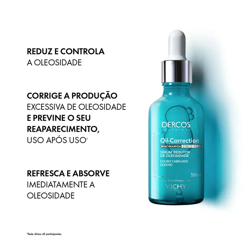 Texto destaca: "Serum Redutor de Oleosidade",  ajuda a reduzir e controlar a oleosidade, corrige a produção excessiva de oleosidade, refresca e absorve imediatamente a oleosidade