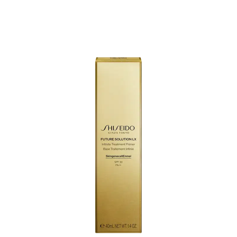 Caixa dourada de produto Shiseido Future Solution LX, um primer de tratamento infinito com SPF 30 e PA++, contendo 40 ml do produto.