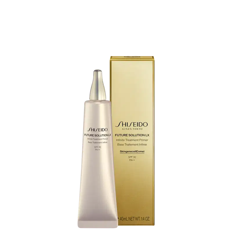 Frasco branco de primer facial da linha Future Solution LX da Shiseido, com caixa dourada. O produto é descrito como um primer de tratamento com FPS 30 e tecnologia Skingenecellenei.