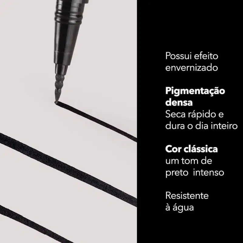 A imagem mostra a ponta do produto com informações de efeito envernizado, secagem rápida, pigmentação densa, cor clássica e resistência à água.