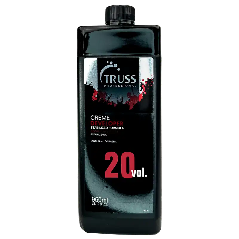Frasco preto de 950ml da linha Truss Professional, contendo Creme Developer com fórmula estabilizada, enriquecido com lanolina e colágeno, indicando volume de 20 vol.