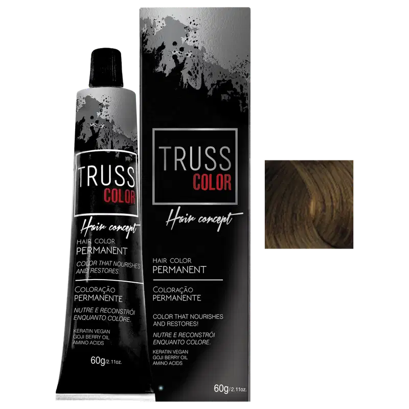 Trata-se de um produto de coloração permanente para cabelos da marca TRUSS COLOR, apresentado em um tubo de 60g e uma caixa preta com detalhes em vermelho, exibindo informações sobre o conceito de cor para cabelos.