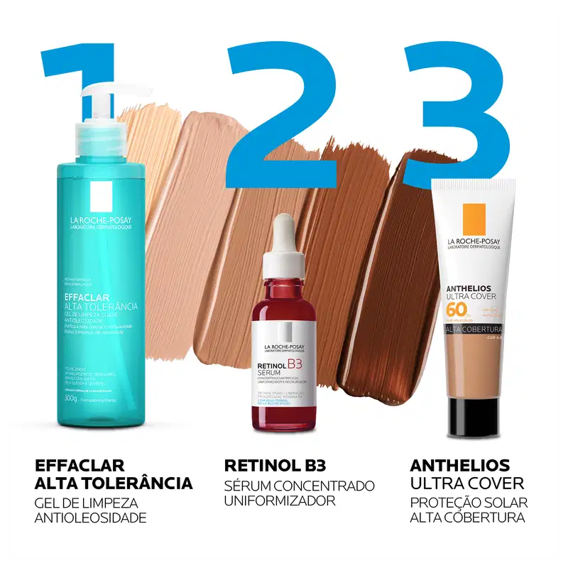 Effaclar Alta Tolerância: Gel de Limpeza Antioleoside; Retinol B3 Sérum Concentrado Uniformizador; Anthelios Ultra Cover: Proteção Solar Alta Cobertura.