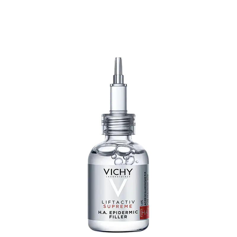 Frasco de vidro transparente com pipeta dosadora contendo o sérum Liftactiv Supreme da Vichy, com rótulo destacando o ingrediente H.A. Epidermic Filler. Embalagem em cores branca e prata, com o logotipo da marca Vichy.