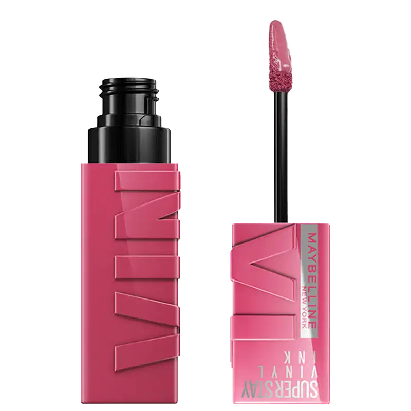 Maybelline Super Stay Matte Ink batom líquido em embalagem rosa com detalhes pretos, com aplicador em formato de pincel para aplicação precisa.