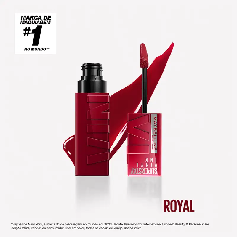 Batom líquido Maybelline Super Stay Vinyl Ink, cor Royal, em tubo vermelho com tampa preta e aplicador de ponta. Textos visíveis: "MAYBELLINE NEW YORK" e "SUPER STAY VINYL INK".