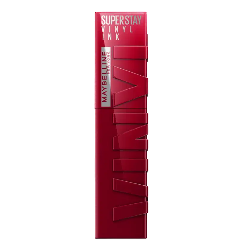 Batom líquido Maybelline Superstay Vinyl Ink em embalagem tubular vermelha brilhante, com tampa e corpo em tons de vinho. Rótulo prateado com "SUPERSTAY VINYL INK" e "MAYBELLINE NEW YORK". Letras em relevo na lateral.