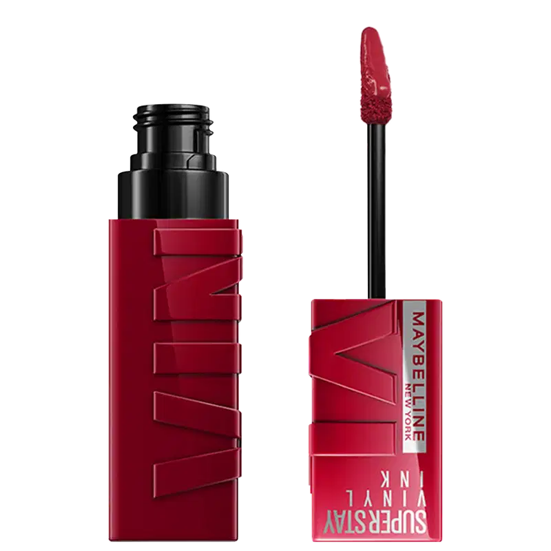 Batom líquido vermelho em embalagem preta e vermelha com texto "Maybelline New York Super Stay Ink Crayon" em destaque.