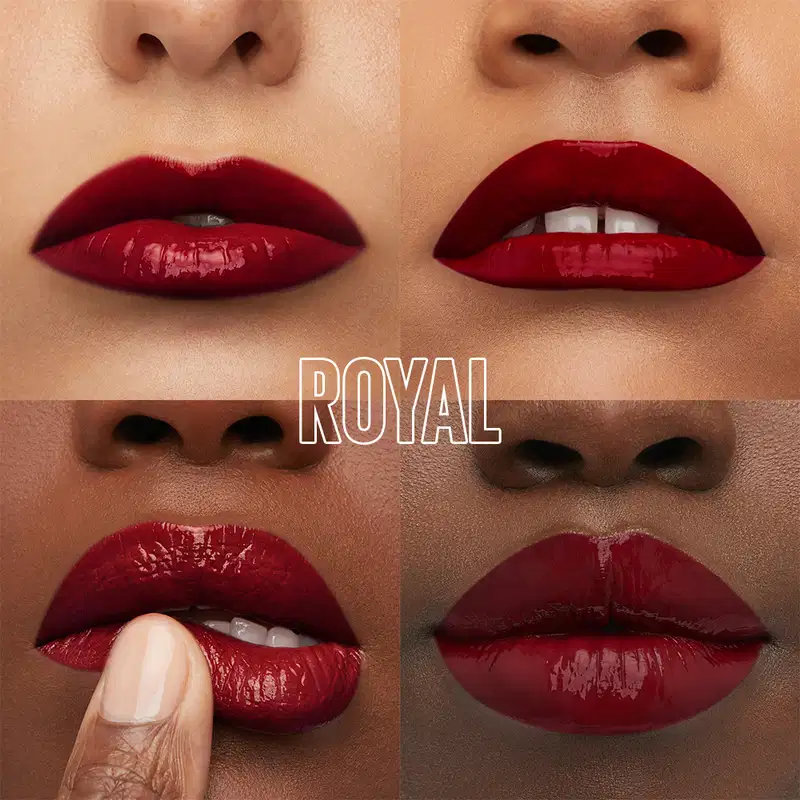 Quatro lábios com batom vinho/bordô brilhante em diferentes tons de pele, dispostos em quadrantes. Texto "UNRIVALED" em branco contornado no centro. Marca Maybelline.