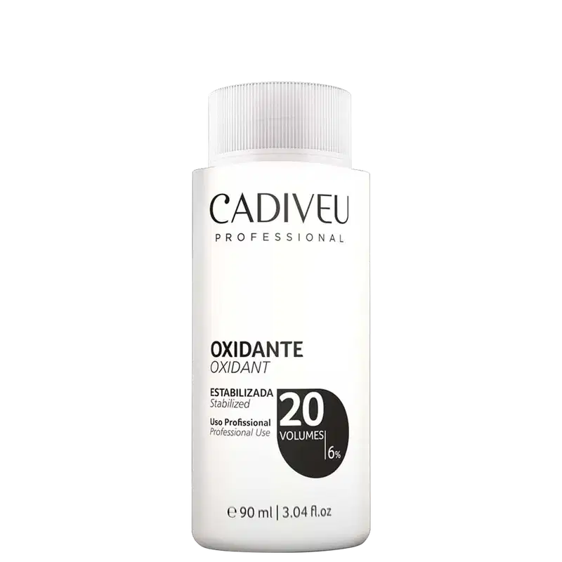 Frasco branco com rótulo preto e branco da marca Cadiveu Professional. O produto é um oxidante com 20 volumes e 6% de concentração, indicado para uso profissional.