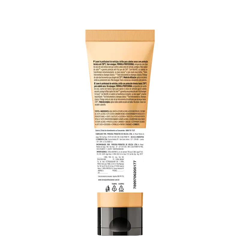 Tubo amarelo da linha Nutrioil da L'Oréal Professionnel Paris, contendo creme nutritivo termo-protetor para cabelos secos.