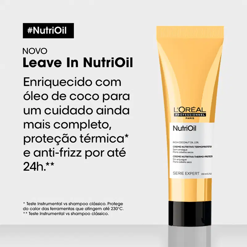 O produto é um Leave In NutriOil da L'Oréal Professionnel, em um tubo amarelo, com informações sobre o enriquecimento com óleo de coco e proteção térmica por até 24 horas.