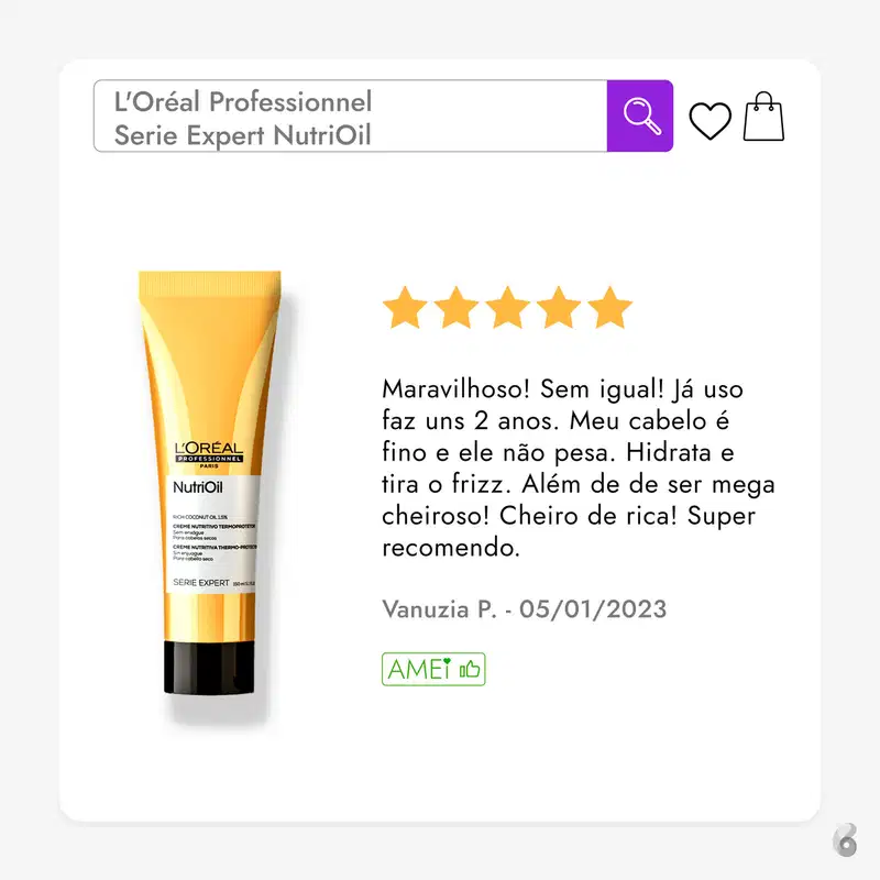 L'Oréal Professionnel Serie Expert NutriOil, um creme nutritivo para cabelos em embalagem amarela. Apresenta rótulo com informações do produto e avaliações positivas de um usuário.