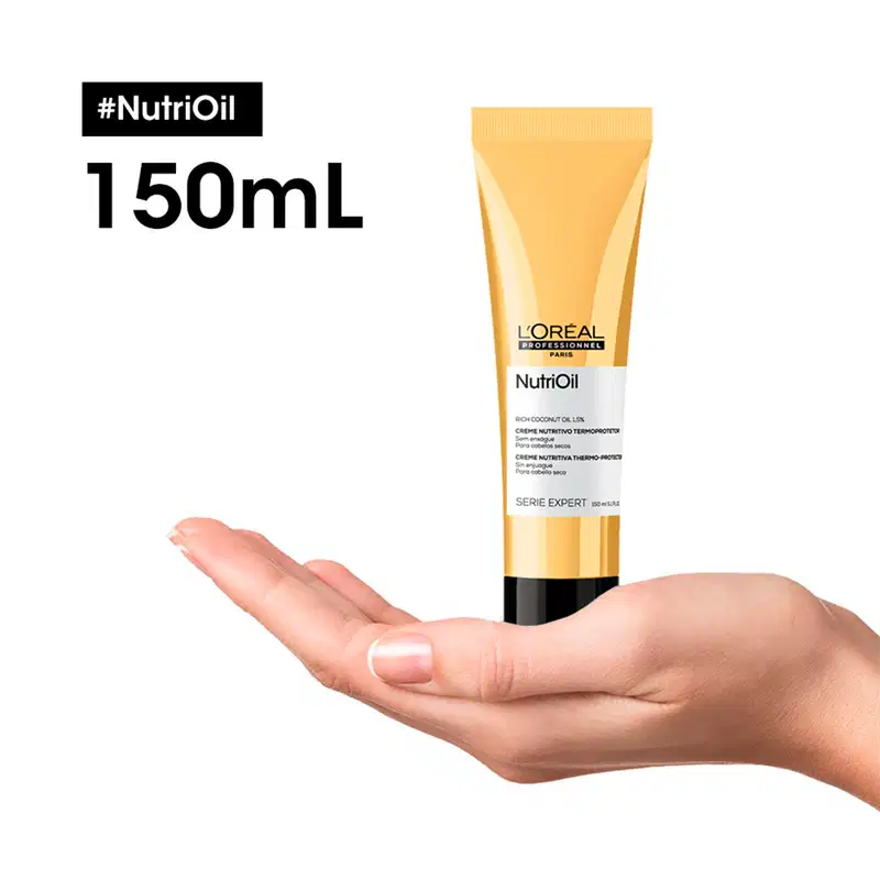 Tubo amarelo da linha Nutrioil da L'Oréal Professionnel Paris, contendo creme nutritivo termo-protetor para cabelos secos.
